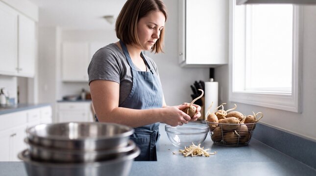 Young woman removes long sprouts from potatoes in her kitchen