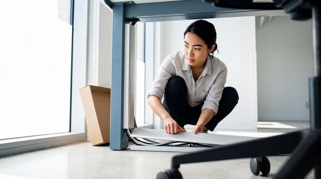 Woman crouches under desk to close a cable management channel