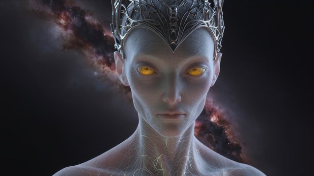 Ethereal Alien Figure with Cosmic Background and Intricate Crown