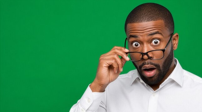 Shocked African-American man lowering glasses in disbelief on green background