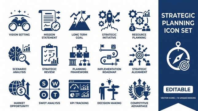 Strategic Planning Flat Vector Icon Set &ndash; Business Strategy, Goal Setting and Growth