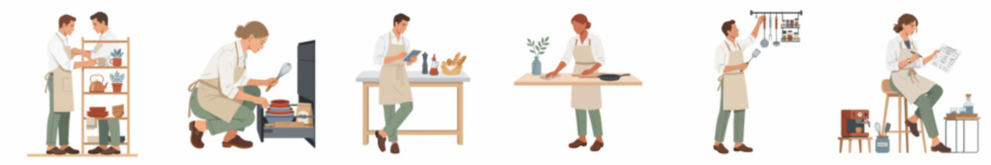 Fototapeta premium Flat illustration set of diverse people in aprons engaged in various kitchen activities like cooking, organizing, and using digital devices.