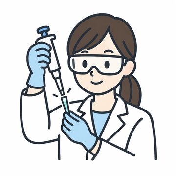マイクロピペットを使って試験管に正確に薬液を分注する白衣の女性科学者イラスト