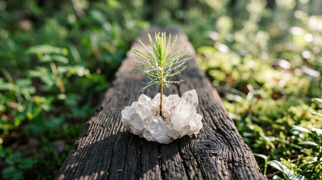 Pine sapling growing in quartz crystal cluster on wooden plank