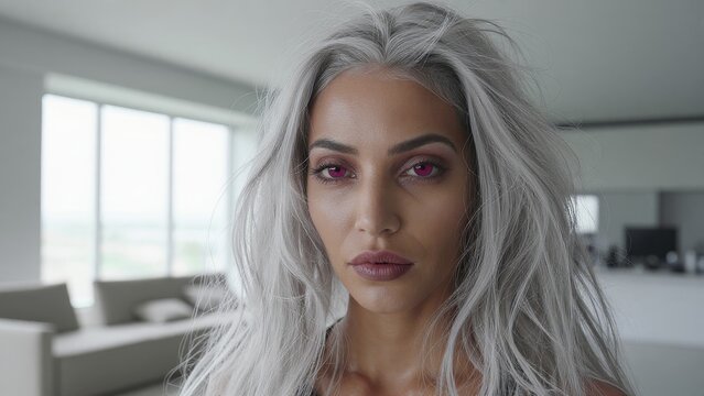 Close-Up Portrait of Woman with Silver Hair and Bold Makeup Look