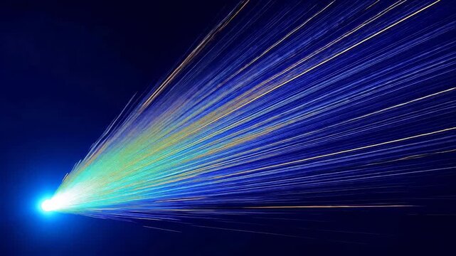 Colorful light rays radiating from a bright source on a dark blue background