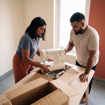 Flatmates unbox a secondhand sewing machine in their new apartment