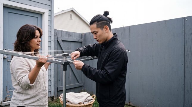 Two flatmates repair a rotary clothesline together in the backyard