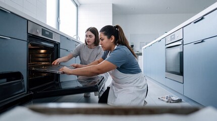 Obraz premium Two women fix a jammed oven rail while pulling out the rack