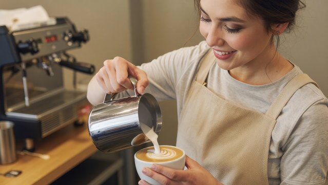 Barista Skillfully Creating Latte Art with Steamed Milk in Cafe