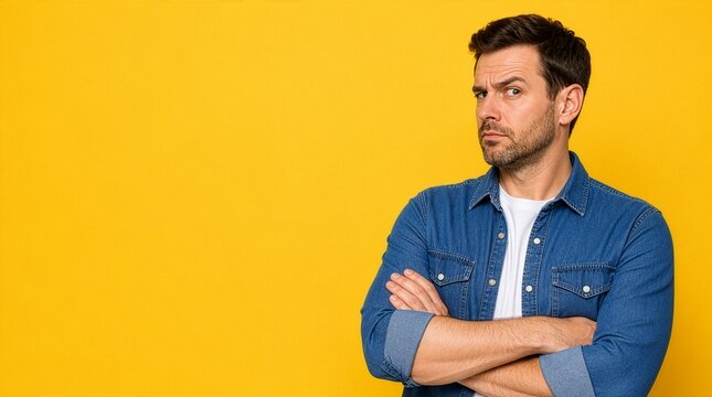 Skeptical man looking doubtful with arms crossed on yellow background