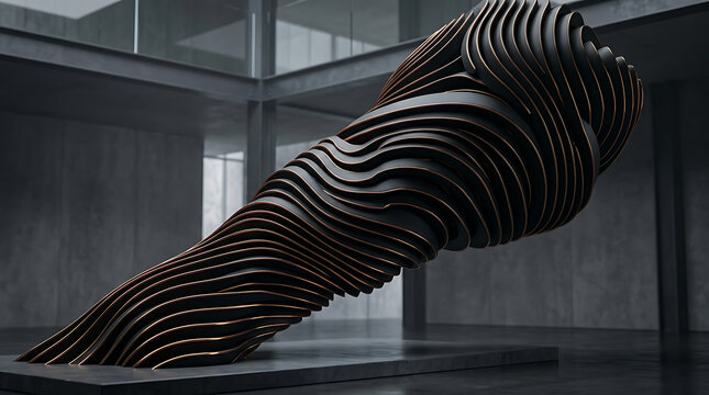 Massive twisted metallic art installation in a spacious modern building interior with metallic sculpture abstract installation twisted metal