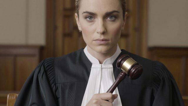 Confident female judge holding gavel in a courtroom setting