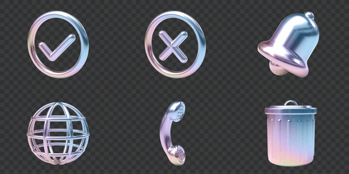 Iridescent rainbow 3D vector icon set including approved, decline, bell, globe, phone, trash can. Modern holographic effect UI web elements for business and e-commerce. 3d render, isolated on dark.