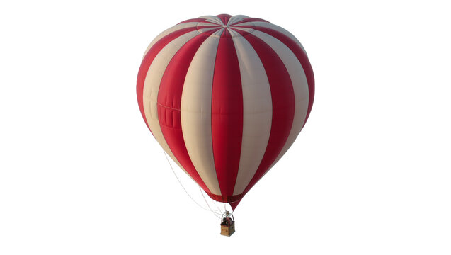 Red and white striped hot air balloon with basket, isolated on transparent background