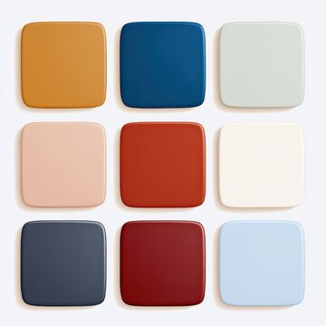 Nine square color swatches in warm amber, cream, sage, deep navy, teal and red tones on white background