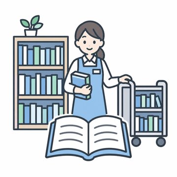 本棚とブックトラックの前で手前に開いた本を配置した図書館司書の女性イラスト
