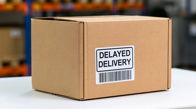 A cardboard box with a delayed delivery label sitting on a warehouse table. Shipping delay concept for logistics and supply chain issues.