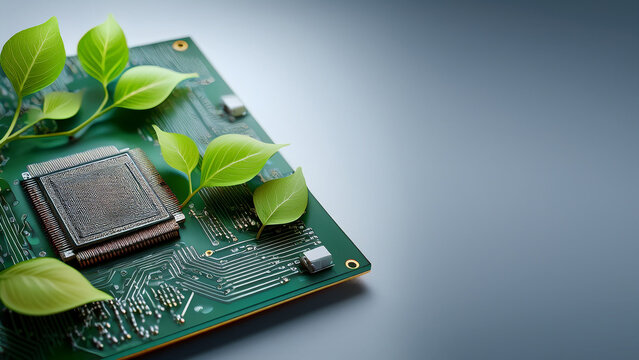 Green technology concept with microchip transitioning into growing green vines with copy space