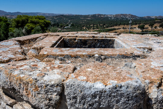 Fragments of ruins and objects at the archaeological site of Phaistos on the island of Crete, Greece