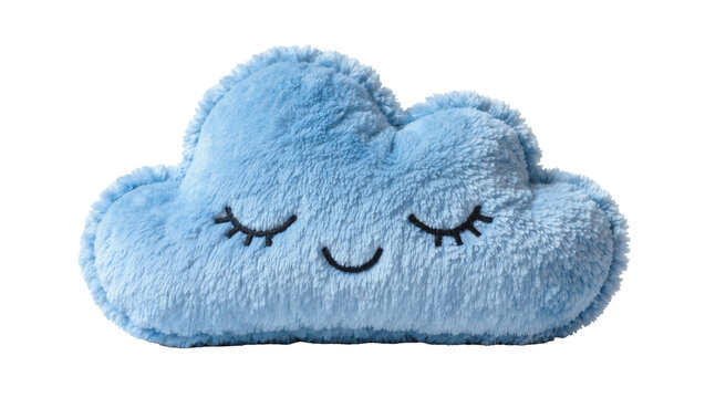 Fluffy blue cloud-shaped plush toy with embroidered closed eyes and smile, isolated on transparent background