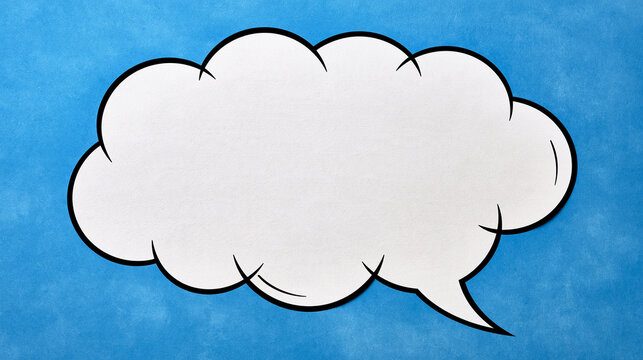 White comic speech bubble with black outline on blue background. Great for message design and communication concepts.