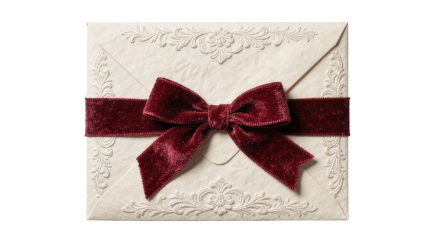 Cream embossed envelope with burgundy velvet ribbon bow, isolated on transparent background