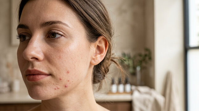 Close up of young woman face with acne problem on cheek