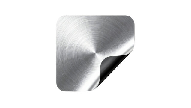 Brushed metal square sticker with curled corner, isolated on transparent background