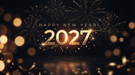 Fototapeta premium Happy New Year Golden 2027 happy new year greeting with festive fireworks background and bokeh lights for celebration and holiday event poster 2027
