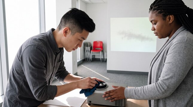 Colleagues clean a foggy projector lens before a meeting presentation