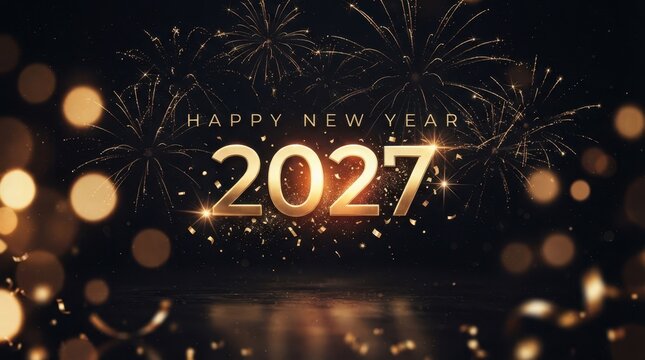 Happy New Year Golden 2027 happy new year greeting with festive fireworks background and bokeh lights for celebration and holiday event poster 2027