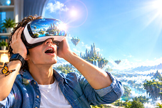 Gafas de realidad virtual 3d inmersi&oacute;n de realidad aumentada, metaverso futuro, smartglasses y cinetosis RV dispositivo lentes inteligentes, interacci&oacute;n y campo de visi&oacute;n con mariposa en brazo posada