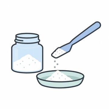 薬さじ（スパチュラ）で試薬瓶から粉末を取り出して計量皿に移す化学実験イラスト