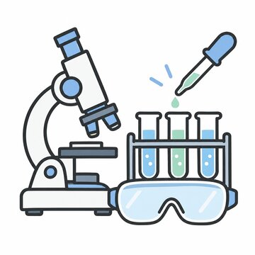 顕微鏡と試験管立て・スポイト・保護ゴーグルの科学実験器具セットイラスト