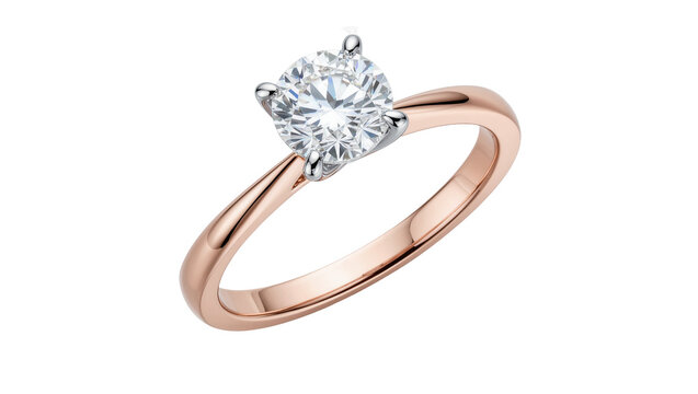 Rose gold solitaire diamond engagement ring sparkling gemstone, isolated on transparent background