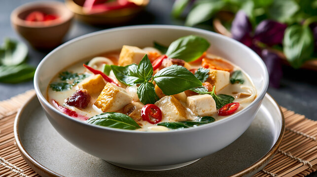 Porcelain bowl of Thai coconut tofu soup with fresh herbs highlighting plant protein quiet luxury wellness and editorial food styling