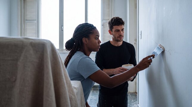 Two flatmates repair a wall crack together in a rented apartment