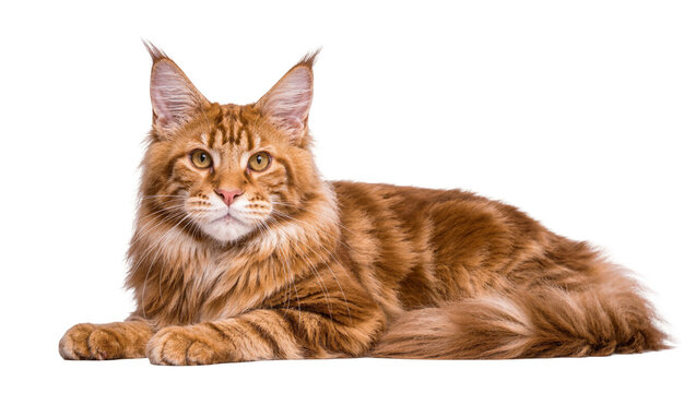 Majestic ginger Maine Coon cat with tufted ears lying down, isolated on transparent background