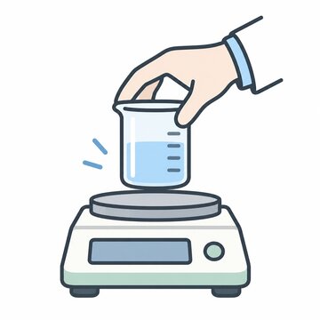 電子天秤にビーカーを乗せて液体の重さを精密計量する研究室の実験手元イラスト