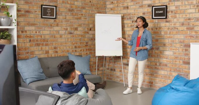 Lifestyle videos indoor of people doing activities at office, presenting data on flip chart, woman l
