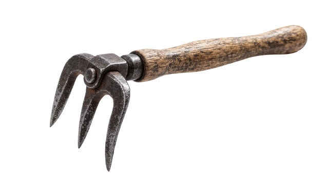 Old metal cultivator with wooden handle, isolated on transparent background