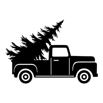Christmas tree on vintage truck svg cut file. Isolated vector illustration.
