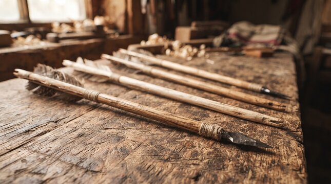 Handcrafted wooden arrows with natural grain and rustic texture
