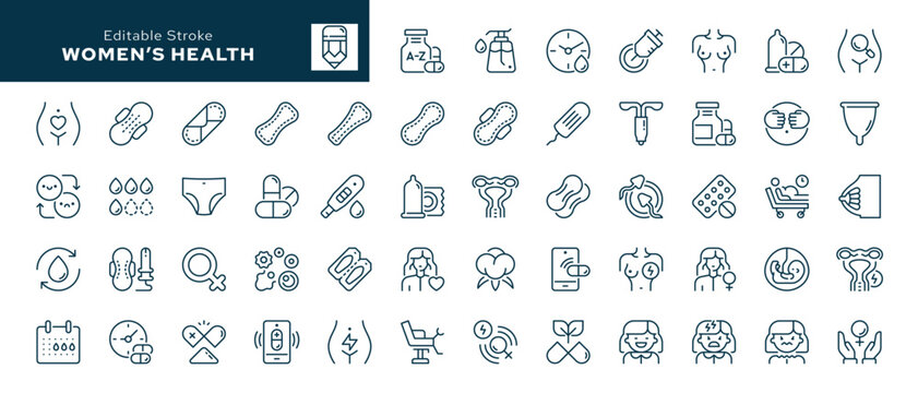 Women's health outline icons set. Menses, menstruation, menstrual cycle, female reproductive system, fertilization, ovulation, contraception and more. Line icon in linear style. Vector collection