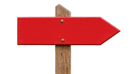 Bright red wooden arrow signpost with rustic wooden pole, isolated on transparent background © Claudia