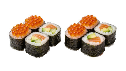Salmon and avocado sushi rolls topped with bright orange ikura, isolated on transparent background © Claudia