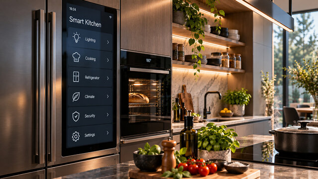 Modern smart kitchen with artificial intelligence, connected appliances and integrated smart home technology