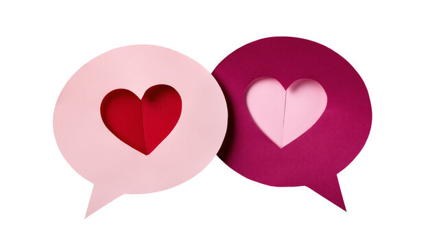 Two paper speech bubbles with hearts cut out, isolated on transparent background