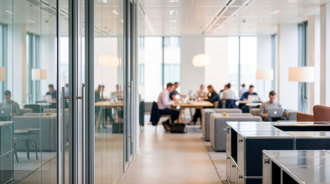 Modern office interior with glass walls and blurred team meeting